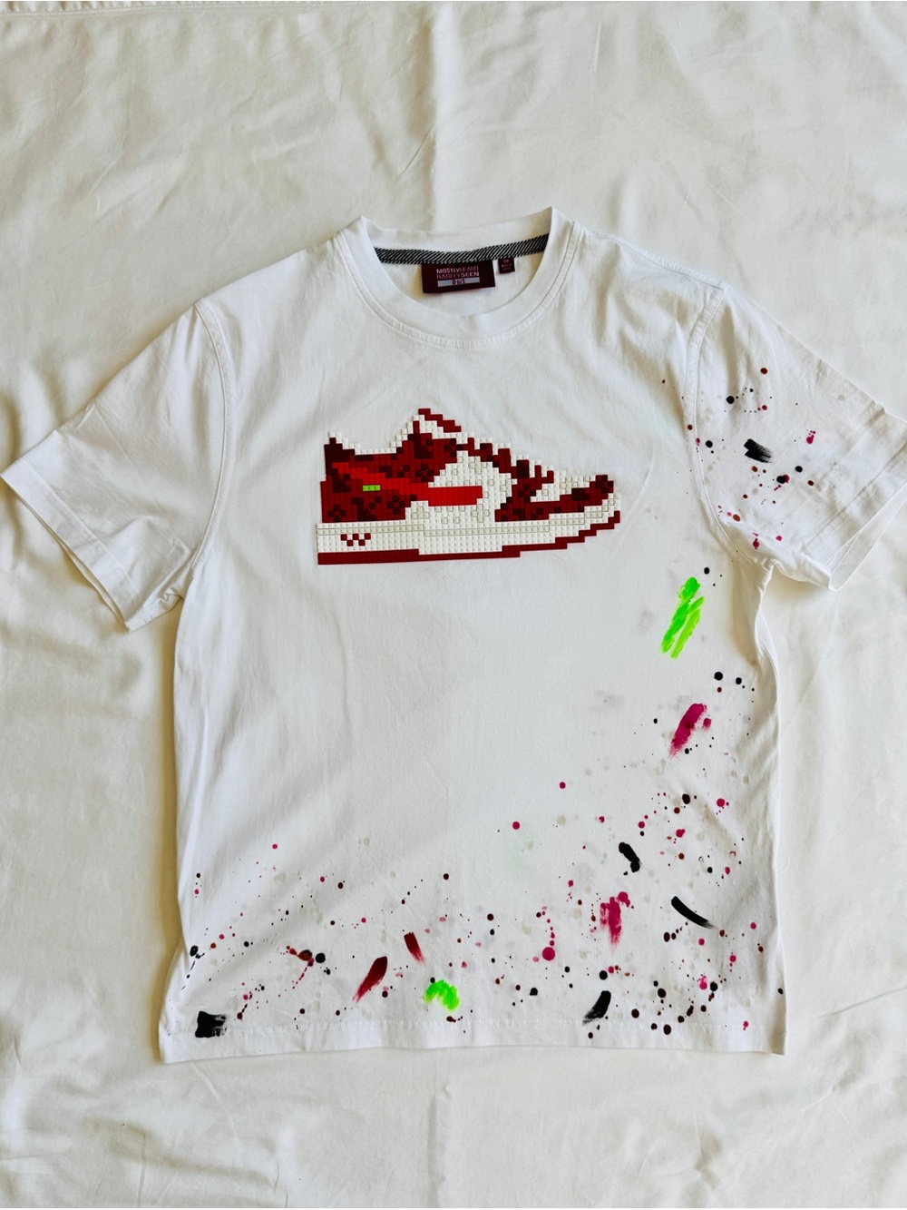 White Graphic Tee with Red Sneaker Pixel Art